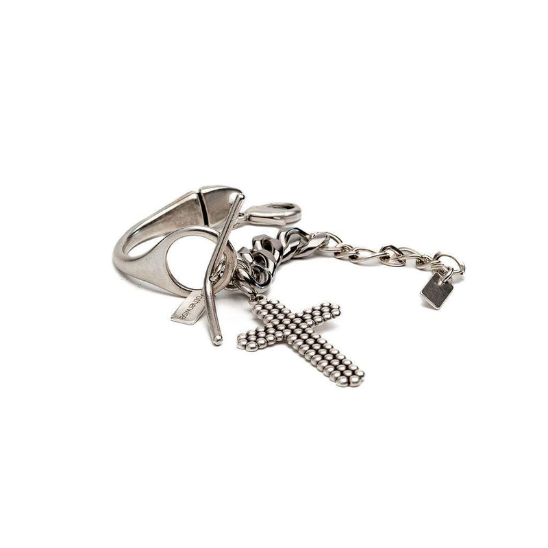 Statement metal cuff and stainless steel chain bracelet with large textured cross, Oversized cross pendant bracelet