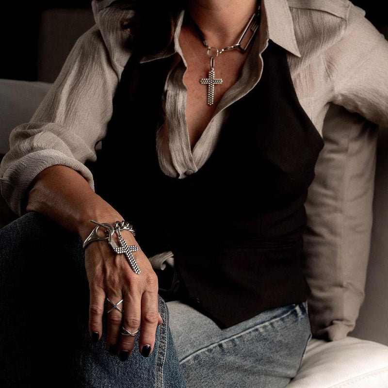 Statement metal cuff and stainless steel chain bracelet with large textured cross, Oversized cross pendant bracelet