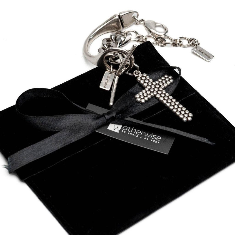 Statement metal cuff and stainless steel chain bracelet with large textured cross, Oversized cross pendant bracelet