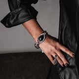 Large Black Murano Glass & Oval Metal Statement Bracelet