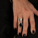 Silver band ring with black resin charm, Adjustable dangle ring