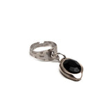 Silver band ring with black resin charm, Adjustable dangle ring