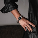 Silver band ring with black resin charm, Adjustable dangle ring