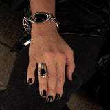 Silver band ring with black resin charm, Adjustable dangle ring