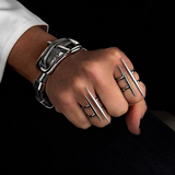 Stainless steel adjustable double bar ring with irregular parallel bars and open-end edgy statement design