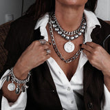 Hematite layered choker set with vintage coin pendant and two silver stainless steel curb chains