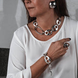Chunky stainless steel anchor link necklace and bracelet set with carabiner closures