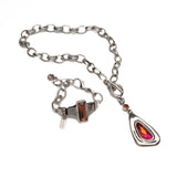 Red Austrian crystal necklace and bracelet set with chunky silver-plated chain, T-clasp, and adjustable leather bracelet
