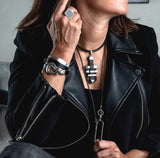Statement black leather necklace with metal bars in rock style