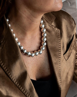 Chunky silver ball chain choker necklace worn with a brown blazer, highlighting its bold metallic shine.