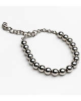 Chunky silver ball chain choker with a 13" circumference and 6" extension, featuring polished metal beads in a rock style.