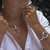 Chunky silver metal chokers, oversized ball chain and bar chokers with hammered loop pendant, uno de 50 style necklaces