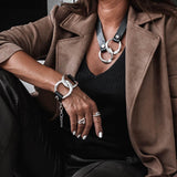 Chunky rock style leather and metal links necklace and bracelet set with hammered silver plated links and black leather