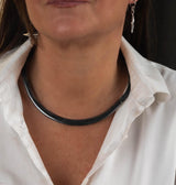 Edgy layered Semi precious gemstone choker and Metal tube chokers in gun metal color, Black necklace set for your everyday standout look