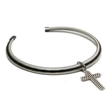 Bold yet minimal stainless steel bar choker with textured cross pendent, a statement piece