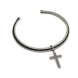 Bold yet minimal stainless steel bar choker with textured cross pendent, a statement piece