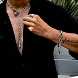 Oval necklace and bracelet set with hammered silver plated links, long pendant, chunky adjustable bracelet, and T-clasp