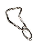 Chunky stainless steel box chain necklace with oversized silver-plated carabiner clasp, designed for eyeglass retention.