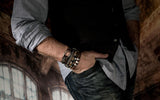 Men's double wrap bracelet with soft dark brown leather, gun metal chains and metal elements, bracelet for a strong look for men