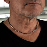 Men's minimal stainless steel chain choker in dark silver with faceted bar links and lobster clasp