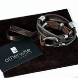 Men's double wrap bracelet with soft dark brown leather, gun metal chains and metal elements, bracelet for a strong look for men