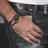 Black leather bracelet with gun metal buckle for men