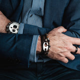 Black leather bracelet with gun metal buckle for men