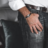 Strong beaded metal and leather bracelet for men with magnetic closure, unique unisex cuff