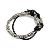 Strong beaded metal and leather bracelet for men with magnetic closure, unique unisex cuff