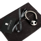 Strong beaded metal and leather bracelet for men with magnetic closure, unique unisex cuff