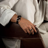 Men’s strong metal and leather bracelet, unisex leather wrap bracelet, o-ring metal cuff bracelet