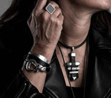 Wrap black leather bracelet with design buckle, bold leather and metal bracelet