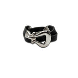 Wrap black leather bracelet with design buckle, bold leather and metal bracelet