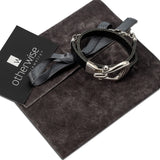 Wrap black leather bracelet with design buckle, bold leather and metal bracelet
