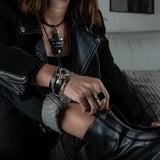 Wrap black leather bracelet with design buckle, bold leather and metal bracelet