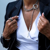 Rugged elegance in double wrap necklace with large hammered toggle clasp and bar pendant, Edgy Chic Style