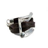 Brown Leather Zamak Metal Cuff Bracelet, Bold Spanish Design, Unisex Edgy Statement Jewelry