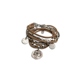 Suede boho bracelet with coins and metal cubes, Ethnic four strand wrap around cuff with charms