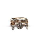 Suede boho bracelet with coins and metal cubes, Ethnic four strand wrap around cuff with charms