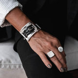 Unisex statement bracelet, large metal and leather cuff in the style of Uno de 50
