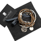 Suede boho bracelet with coins and metal cubes, Ethnic four strand wrap around cuff with charms
