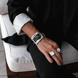 Unisex statement bracelet, large metal and leather cuff in the style of Uno de 50