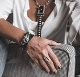 Black leather wrap bracelet with funky silver clasp