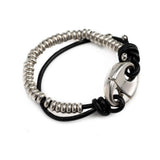 Unisex leather and metal bracelet, strong beaded metal and leather bracelet for women with magnetic closure, unique bracelet for women