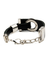 Chunky black leather bracelet featuring silver-plated metal accents and an adjustable chain for a customized fit.