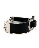 Chunky black leather bracelet with silver-plated metal accents, featuring an adjustable design for a custom fit.