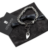 Stainless Steel Byzantine Chain Bracelet with Pendant, Zamak Sterling Silver Finish, Hypoallergenic Tarnish Resistant
