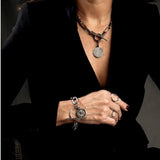 Silver Coin Jewelry Set with chunky bracelet, 42 cm coin necklace, and adjustable hammered geometric ring