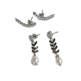 Elegant silver leaf earrings set, stainless steel minimalist ear studs with pearl, classy lightweight wheat earrings, double piercing set