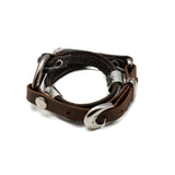 Dark Brown Stitched Leather Double Wrap Bracelet with Iron Chains, Unisex Rock Style